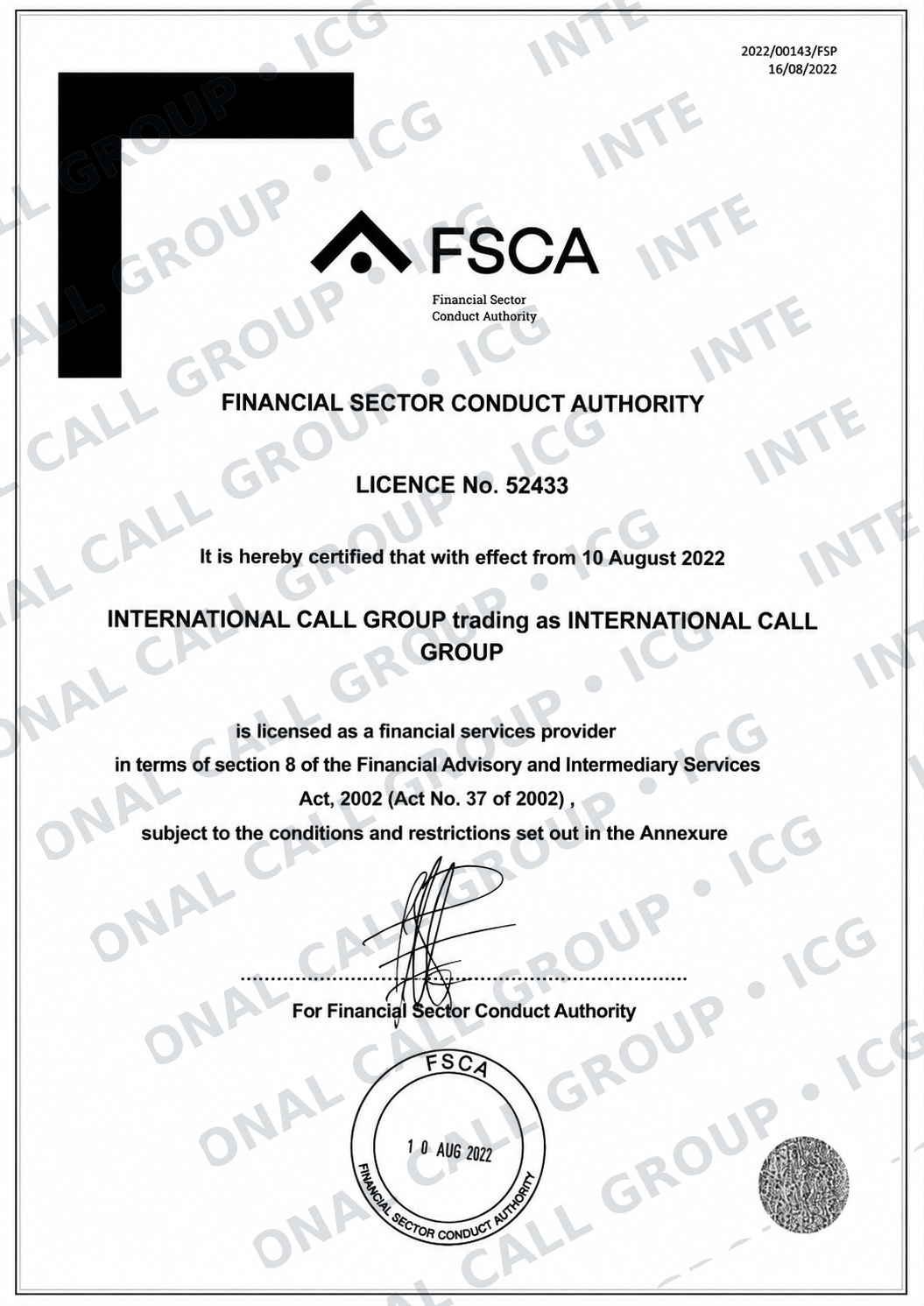 FSCA Financial Services Provider Licence No. 52433